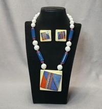 Vintage Abstract Geometric Beaded Necklace &amp; Matching Earrings 80s Jewelry Set - £23.35 GBP