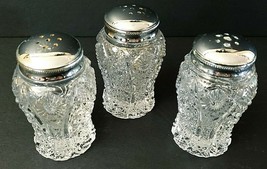 Vintage EAPG Pressed Glass Hobstar Salt &amp; Pepper Shakers Set of 3 W/Chro... - £12.59 GBP