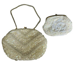 Vtg Beaded Sequin Evening Purse &amp; Wallet Hong Kong White Ivory Jeweled Kiss lock - £19.54 GBP