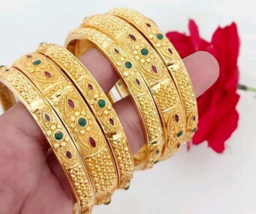 Indian BIndian Bollywood Style Gold Plated Bangle Kada Bridal Dulhan Jewelry Set - £22.50 GBP