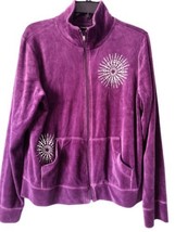 Kaktus Velour Track Jacket Womens Size L Full Zip Purple Glitter Burst Pockets  - £11.06 GBP