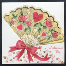 VTG 1959 Hallmark Golden Fan &amp; Hearts To My Wife Valentine&#39;s Day Greeting Card - £7.46 GBP