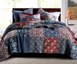 3pc Handmade Patchwork Block Cotton Floral Red Blue White King Size Quilt Set - £182.15 GBP