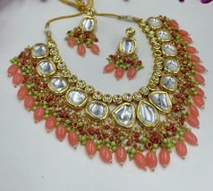 Bollywood Stil Kundan Perle Halsband Ohrringe Indisch Pfirsich Schmuck Set - £66.50 GBP