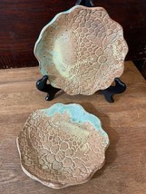 Pair Art Pottery Floral Impressed Salad Dessert Plates Signed Aqua Blue Yellow - £17.85 GBP