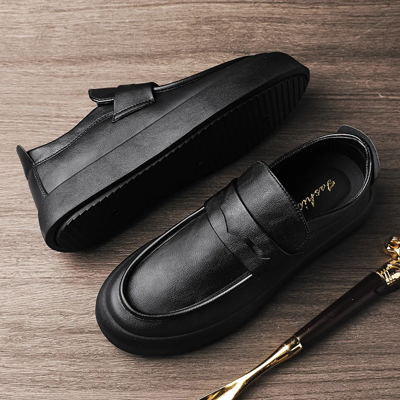 Tumn business casual leather shoes men black non slip soft sole trend work loafers male thumb200