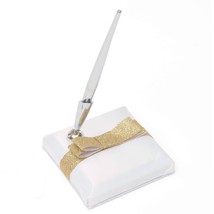 Gartner Studios Wedding Collection Pen White Satin Holder Gold Glitter Bow - $15.83