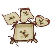 Embroidered Rooster Bread Basket Oven Mitt Pot Holder 4-Piece Set Cotton - $18.80