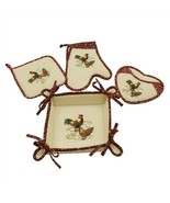Embroidered Rooster Bread Basket Oven Mitt Pot Holder 4-Piece Set Cotton - $26.30 CAD