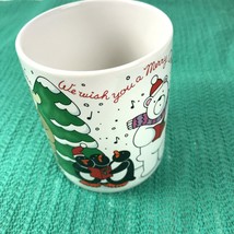 Vtg Mug We wish you A Merry Christmas HOLIDAY Reindeer Penguin Animals S... - £14.78 GBP