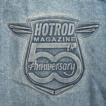 Hot Rod Magazine 50th Anniversary Blue Denim Jean Jacket Distressed Mens L USA - £37.28 GBP