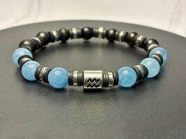 Aquarius Zodiac Bracelet: Aquamarine &amp; Dark Wood Beaded Stretch Bracelet - $27.27