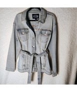 Womens Large Scoop LONG Belted Trucker Jacket LIGHT WASH - $16.82