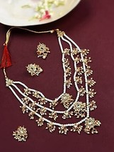 Gold Tone Layered Kundan &amp; Pearls Necklace Earring &amp; Ring Set Jewelry Women - £19.47 GBP