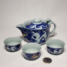 Asian Porcelain Blue Mini Single Cup Dragon Teapot  &amp; 3 Cups Set Strainer - £14.98 GBP