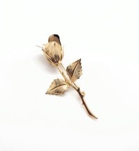 Vintage Large Brushed Gold Long Stem Rose Brooch Pin Detailed Flower 3.15&quot; - £13.32 GBP