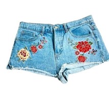 F21 Floral High Rise Embroidered Blue Jean Shorts Size 31 - £19.48 GBP