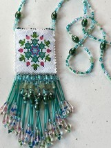 Long Aqua Blue &amp; Green Various Bead Chain w White Floral Beaded Pouch Pe... - $18.52