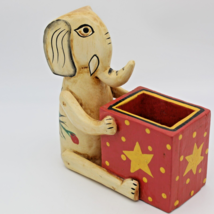 Folk Art Elephant Pen Holder Planter Carved Hand Painted Wooden Vintage  - £11.82 GBP