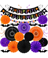 26PCS Halloween Party Decorations, Purple Black Orange Paper Fans Set - $369.25 MXN