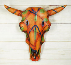 13&quot; W Western Bull Bison Cow Skull With Colorful Tribal Tattoo Wall Decor Plaque - £24.68 GBP