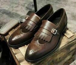 Handmade Men’s Leather Suede Monk Strap Shoes, Men Wing Tip Brogue Fringe Shoes - £110.76 GBP