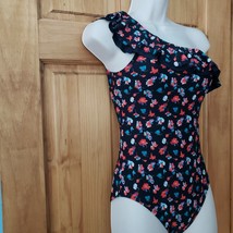 DKNY One Piece Swimsuit 6 Black Floral Orchids Single Shoulder Swimwear ... - $18.00