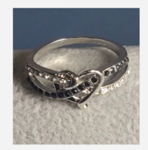 Silver Heart Black Rhinestone Ring Size 5 6 7 8 9 10 - £31.38 GBP