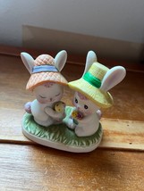 Vintage Enesco Cute White Bunny Rabbits Holding Flowers Spring Easter Ceramic - £9.05 GBP