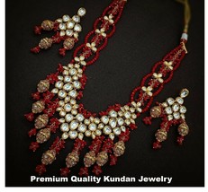 Bollywood Indian Gold Plated Jewelry Kundan Red Long Necklace Earrings Set - £120.72 GBP