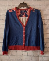 Modcloth Womens XL Button Cardigan Sweater Bridle Print Mixed Media Blue... - $34.64