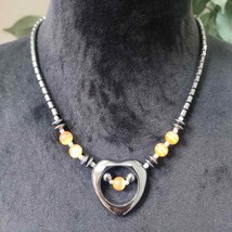 Womens Genuine Hematite Stones and Orange Beads Heart Shaped Pendant Necklace - £19.93 GBP