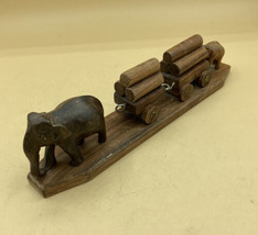 Wood Mother Elephant Pulling 2 Log Carts With Baby At End Vintage - $24.74