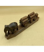 Wood Mother Elephant Pulling 2 Log Carts With Baby At End Vintage - $423.28 MXN