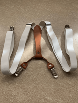 Clip On Elastic Y Suspenders Braces-White w/Gold Accents EUC 3/4” Wide - £6.91 GBP