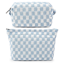2 Pieces Makeup Bag Large Checkered Cosmetic Bag Blue Capacity Canvas Travel Toi - £12.86 GBP
