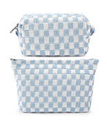 2 Pieces Makeup Bag Large Checkered Cosmetic Bag Blue Capacity Canvas Tr... - £12.85 GBP