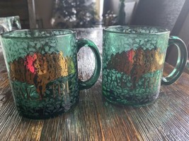 2 Clear Green Gold Coffee Mug Tea Soup Cocoa Chocolate Oak Tree Racing Cup - $20.00