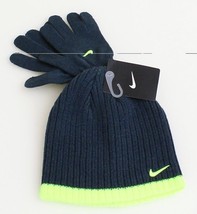 Nike Gray &amp; Volt Knit Beanie &amp; Stretch Gloves Youth Boy&#39;s 8-20 NWT - £17.59 GBP