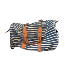 Blue White Striped Duffel Bag with Brown Handles - $350.61 MXN