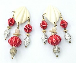 Vintage Chunky BOHO Clip On Dangle Statement Earrings 4.5&quot; Long - £14.27 GBP