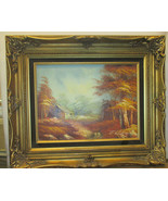 OIL ON CANVAS, CABIN BY THE RIVER WOODS LANDSCAPE, SIGNED T. WILSON, 11.... - $156.63