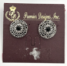 Premier Designs Jewelry Black &amp; Silver Round Earrings SKU PB73 - £13.54 GBP