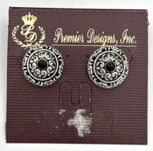 Premier Designs Jewelry Black &amp; Silver Round Earrings SKU PB73 - £13.61 GBP