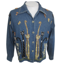 Live style vintage 90s Women Denim Jacket cat kitten embroidered appliqu... - £40.69 GBP