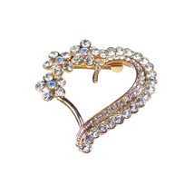 Gold Love Heart Brooch Pin with Small Flowers Grade A Diamante Rhinestones - $5.15