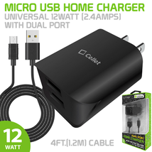 Cellet Micro USB Home Charger Universal 12Watt W/Dual Ports 4ft. and Cable BLACK - £12.53 GBP