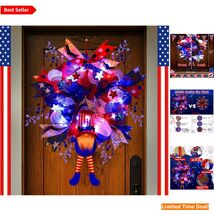 Patriotic Gnome Wreath - LED Lighted Red White and Blue Independence Day... - $50.44
