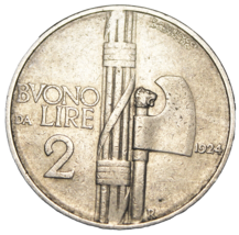 Italy 2 Lire, 1924~Axe Head~Scarce~Free Shipping #A129 - $10.48