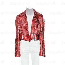 New Women Red Full Silver Spiked Studded Cowhide Short Biker Leather Jac... - £305.61 GBP